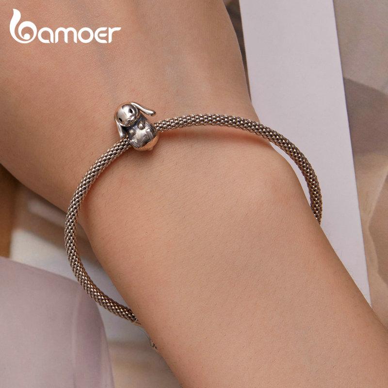 BAMOER 925 Sterling Silver Cute Lop-eared Rabbit Charms Bead for Women Bangle and Bracelet DIY Fine Jewelry