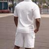 Mens Casual Waffle Knit Polo Short Sleeve T Shirt And Cargo Shorts Set