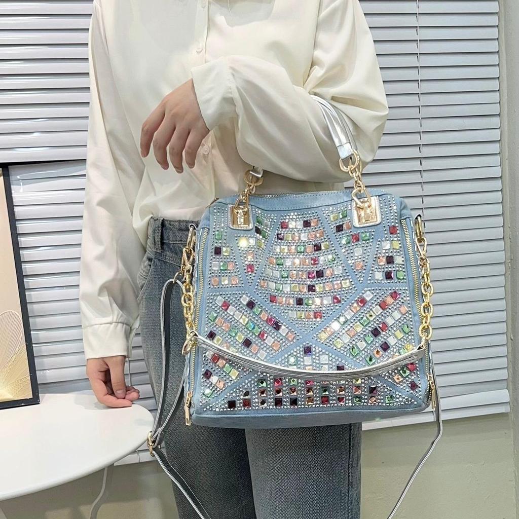 Rhinestone Embellished Denim Tote Bag - Woven Canvas Shoulder Bag with Diamond Accents, Large Capacity Crossbody Purse for Women
