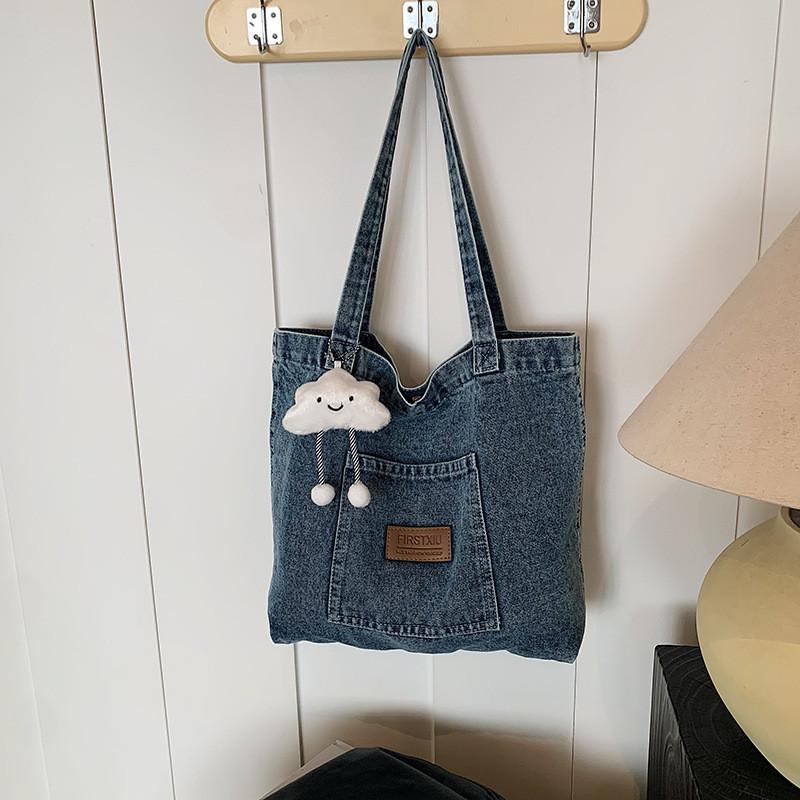 Fashionable Medium Sized Denim Tote Bag With Unique Stitching Details For Everyday Use