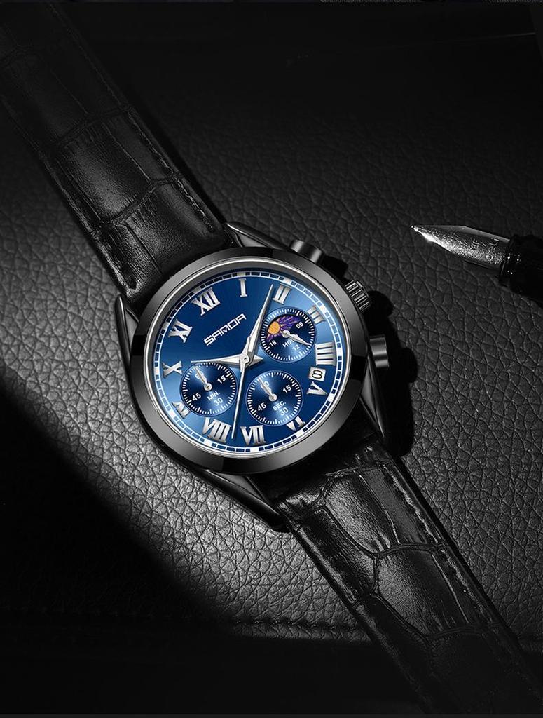 SANDA Men's Luminous Quartz Watch with Moon Phase, Calendar, and Leather Strap - Waterproof Business Casual Design.
