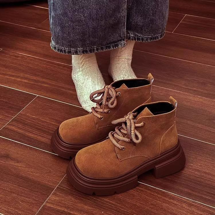 Big head British style retro short boots for women 2025 new autumn thick-soled heightening Maillard brown Martin boots for women