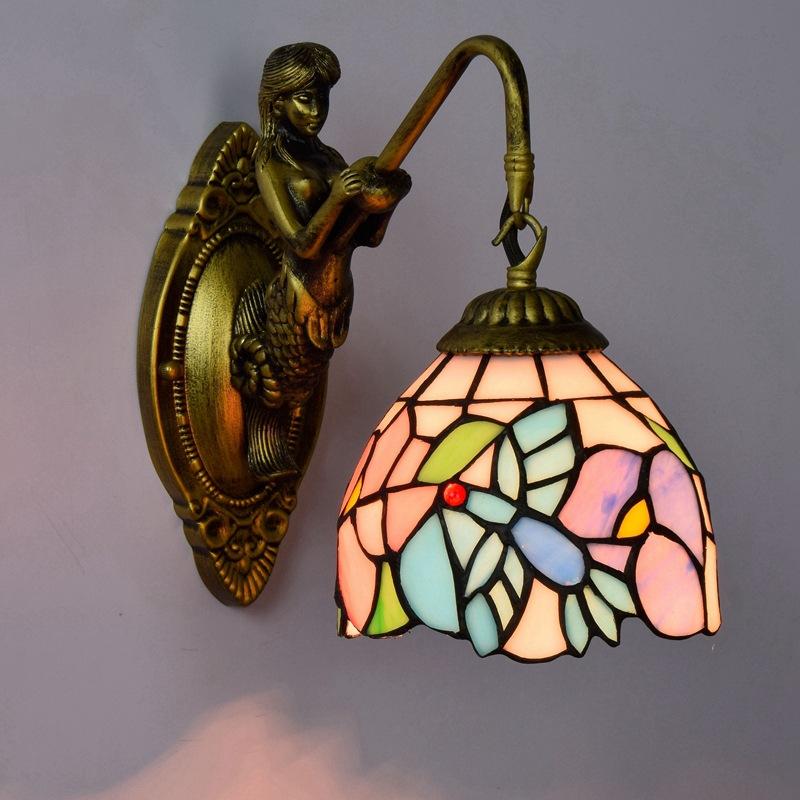 European Stained Glass Mermaid Wall Lamp Bedroom Bedside Lamp Retro Creative Dining Room Balcony Aisle Staircase Light