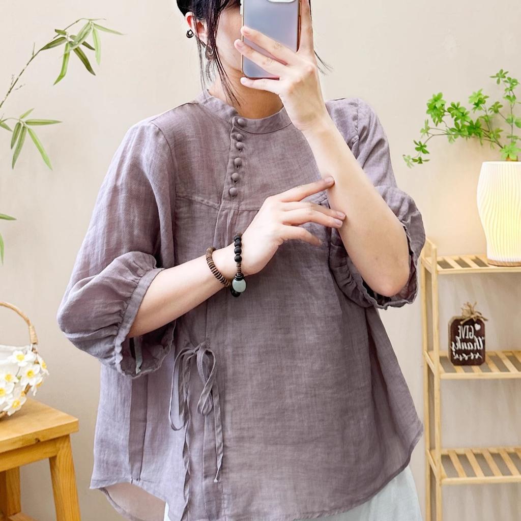 Summer New Literary and Retro Casual Loose and Thin Five-quarter Sleeve Solid Color Lace-up Top Shirt Shirt Women