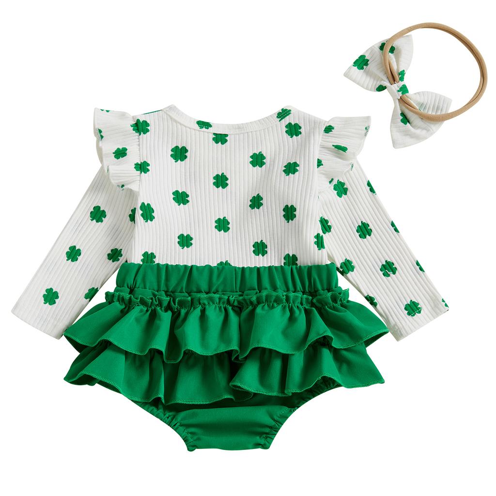 Baby Girls 2Pcs Spring Outfits Ruffle Long Sleeve Bow Front Romper with Headband Set Newborn Clothes