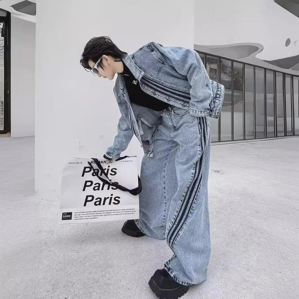 "Unisex Vintage Washed Denim Suit: High-End, Trendy, Versatile Casualwear"