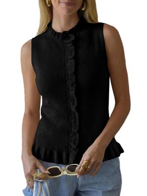 Gilet a Maglia Senza Maniche da Donna con Bottoni e Volant