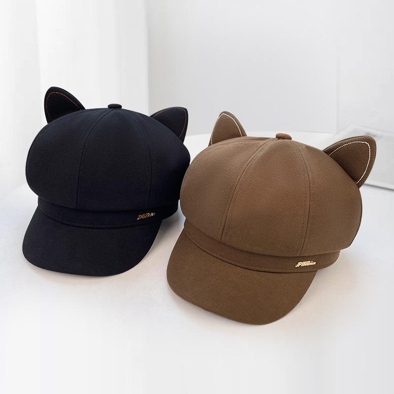 Autumn and Winter Hats for Women  British Retro Octagonal Hat Large Head Circumference Face Showing Small Beret Versatile Cat Eared Peaked Hat