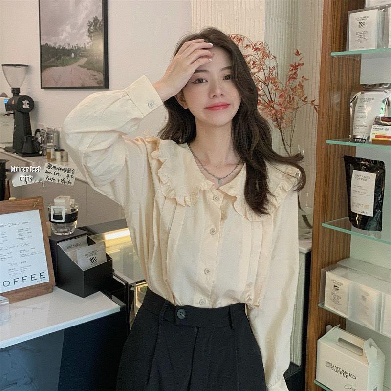 Dongdaemun Peter Pan Collar Sweet Blouse: Women's Loose Long Sleeve Top for Spring/Autumn 2025.