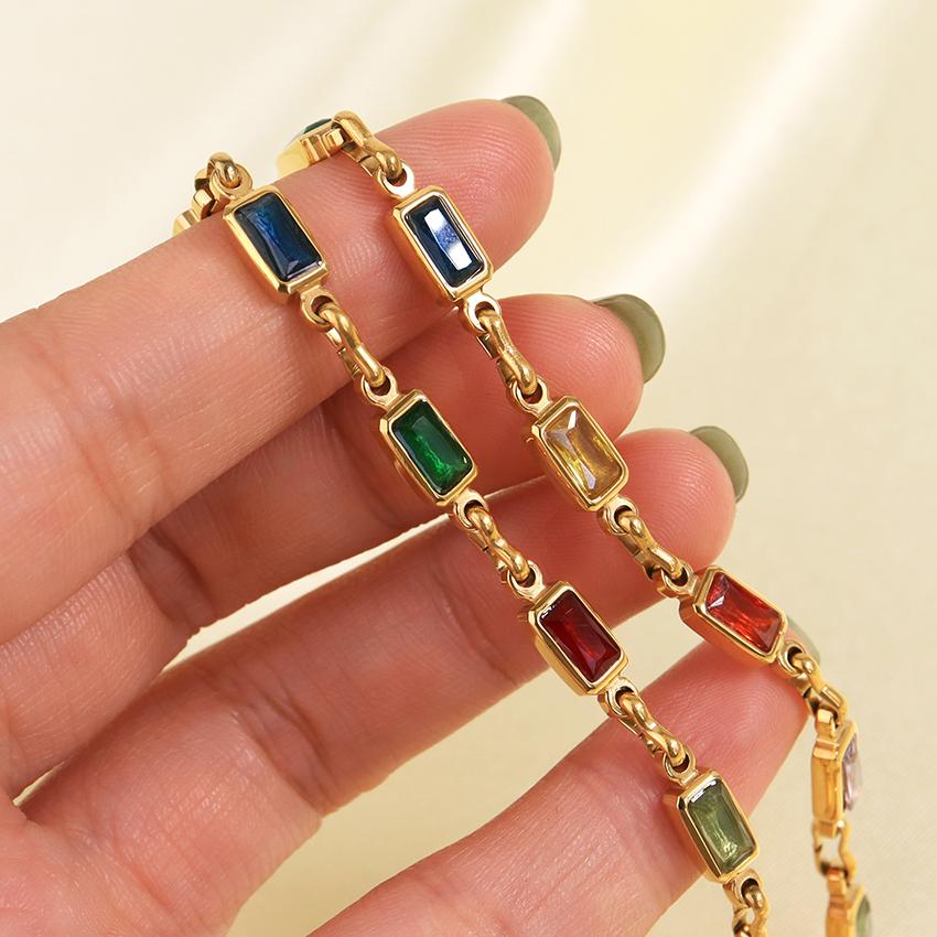 New Arrival Dainty Multi Color Gemstone Layered Necklace Waterproof Jewelry Rectangle Colorful Cubic Zircon Link Chain Necklace