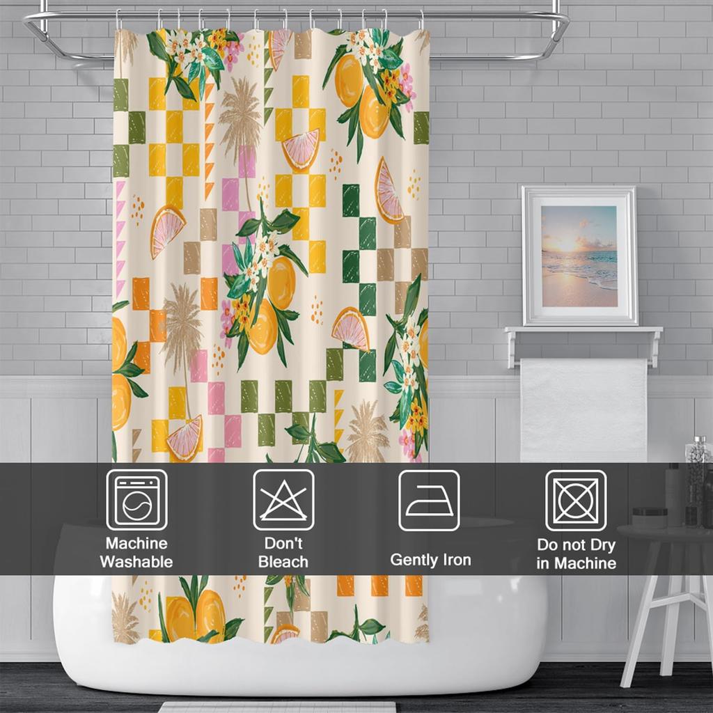 Lemon Shower Curtain, Yellow and Green Fruits Shower Curtain for Bathroom Waterproof Fabric Summer Shower Curtain Set with Hooks, 72x72 Inch