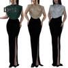 Women Glitter Dress Round Neck Sleeveless High Waist Lady Sequins Split Long Dress Evening Party Gown Dress