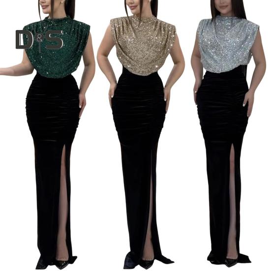 Women Glitter Dress Round Neck Sleeveless High Waist Lady Sequins Split Long Dress Evening Party Gown Dress