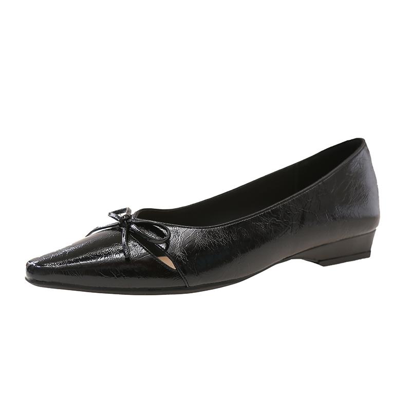 

Темпераментные туфли-лодочки с узким квадратным носком для женщин, весна-лето, новые, с мелким вырезом, полые, дышащие, с бантом, на плоской подошве 40 чёрный