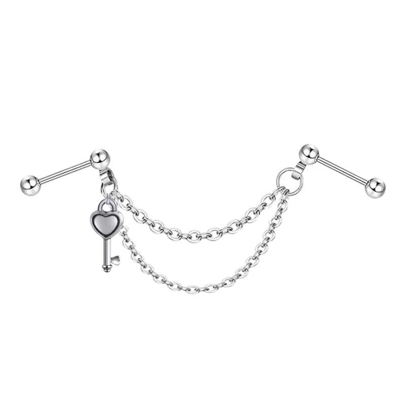 Screw Ball Fashion Piercing Earrings Stainless Steel L Chain Zircon Moon Heart-shaped Earbone Stud