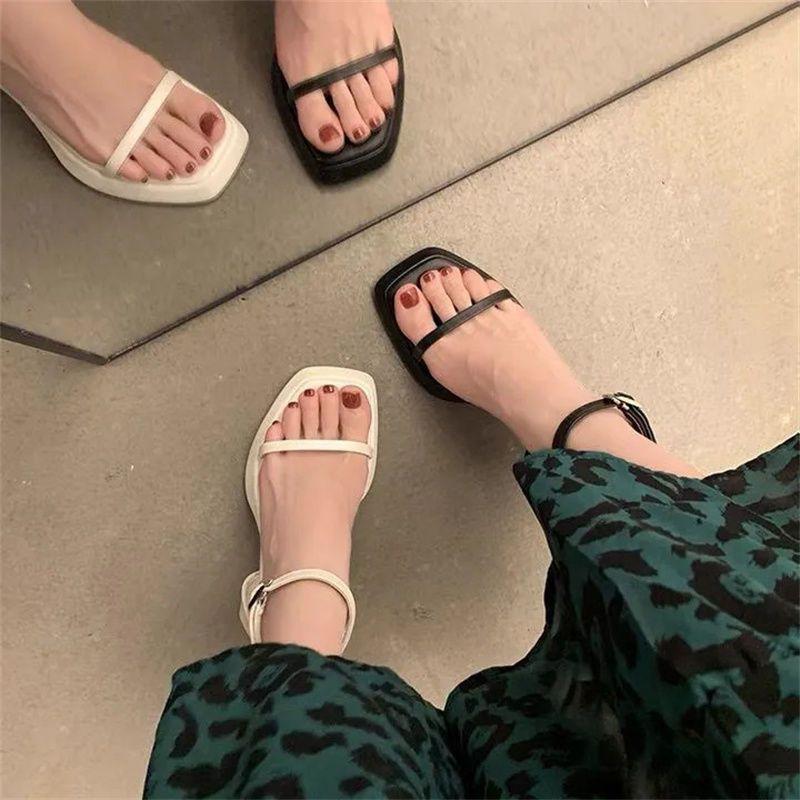 2025 Summer Thick Heel One-word with High Heels Design Sense Niche Super Fire New Waterproof Table Square Head Sandals Women