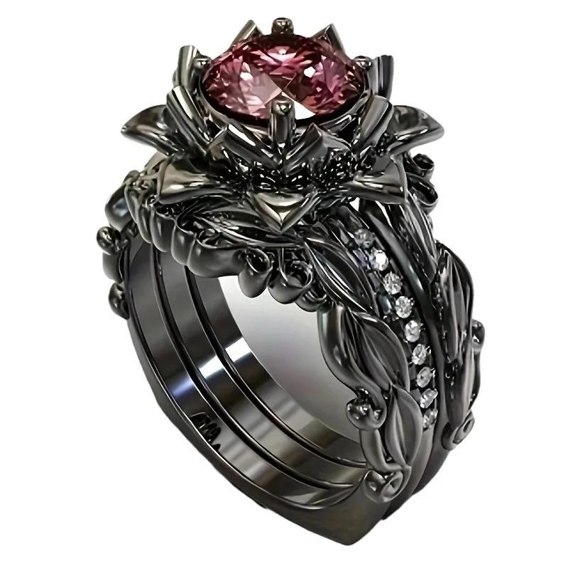 

New gun black ring hot sale three-piece women s ring rose inlaid zircon jewelry 5 розовый