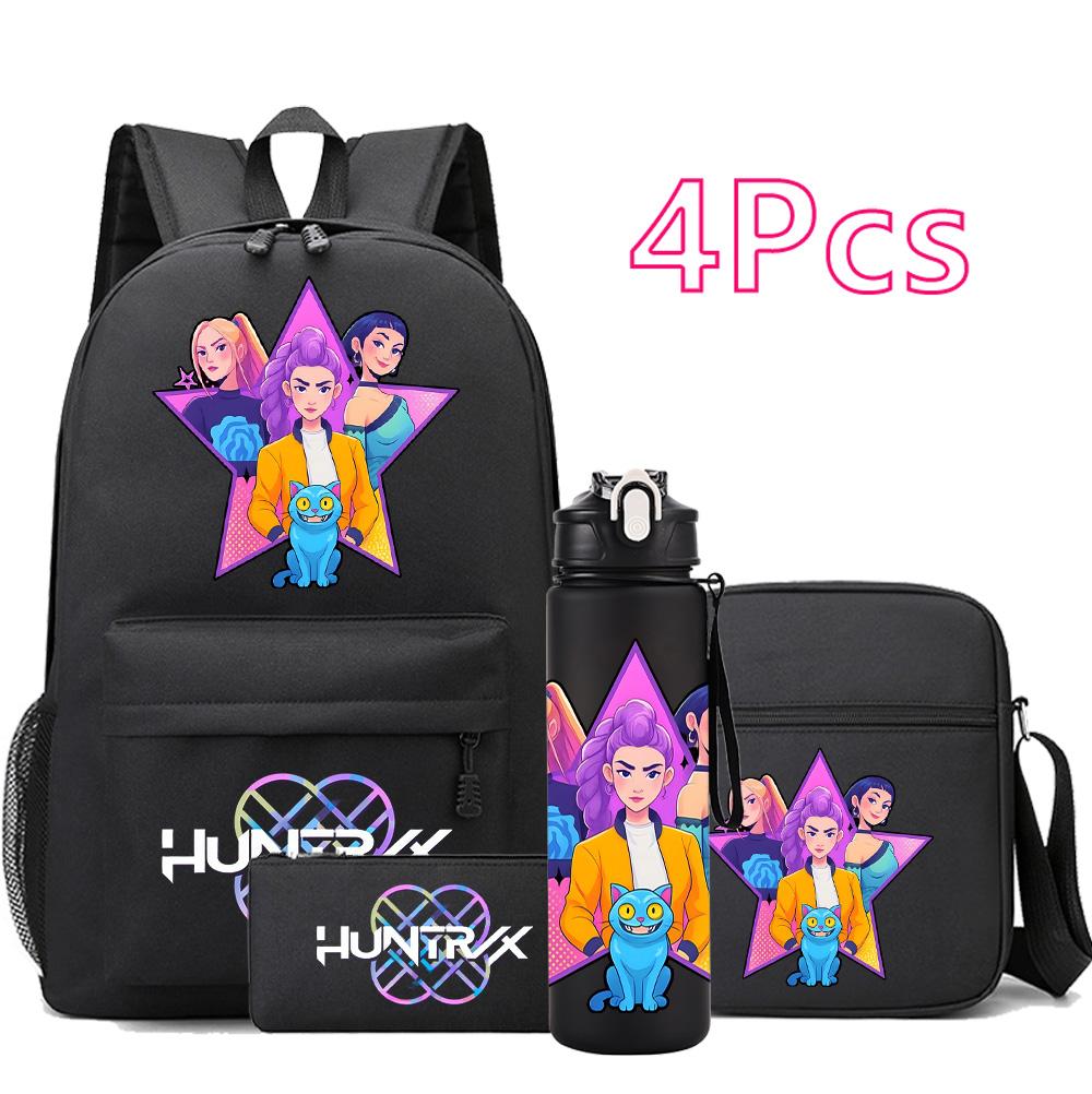 4Pcs/set Anime K-Pop Demon Hunters Printed Backpack Bookbag Shoulder Bag Case Bag with 750Ml Water Bottler for Boy Girl Large Capacity Schoolbag