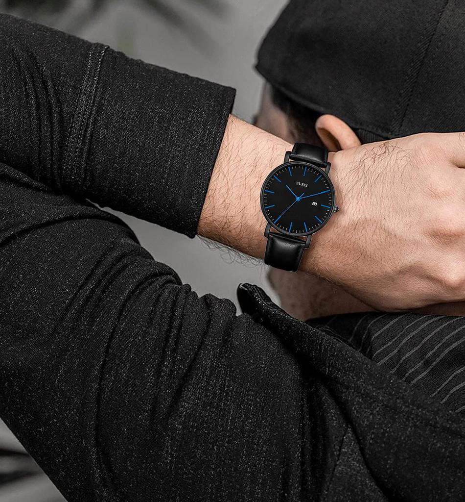BUREI Men's Leather Watch, Simple and Stylish, Waterproof, Analog, Popular, Date Display, Business, Brand, Gentleman, Slim, Men's Watch G