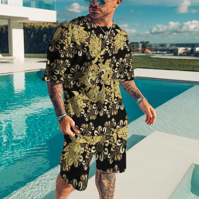 Summer Quick Drying Men's Sports Set 2-Piece 3D Printing Gold Line Black Set European Luxury Style Men's T-shirt+Beach Pants