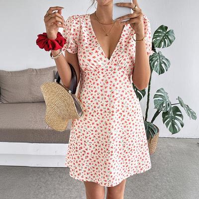 Rochie de vară 2025 Stil Fată Dulce cu Flori, Mâneci Bufante și Decolteu în V