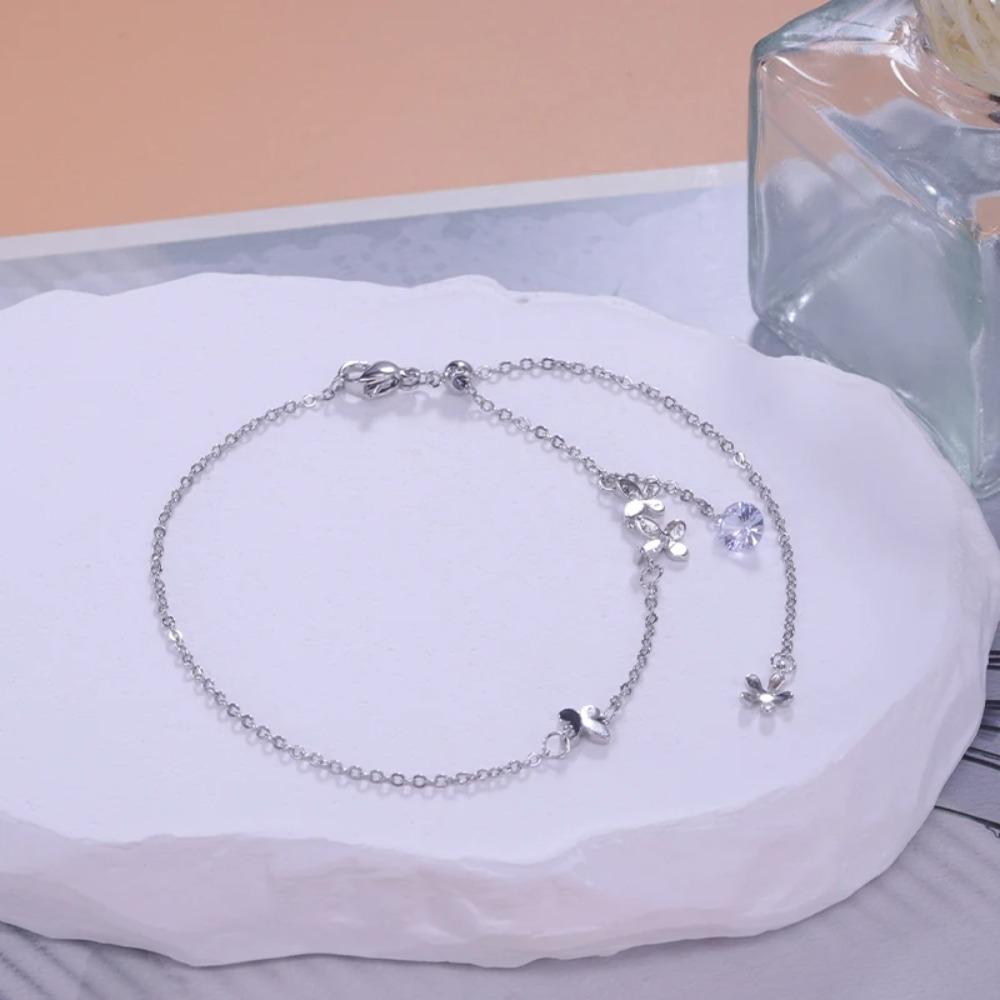925 Silver Butterfly Anklet for Women Delicate Zircon Tassel Bracelet Summer Jewelry Dropship