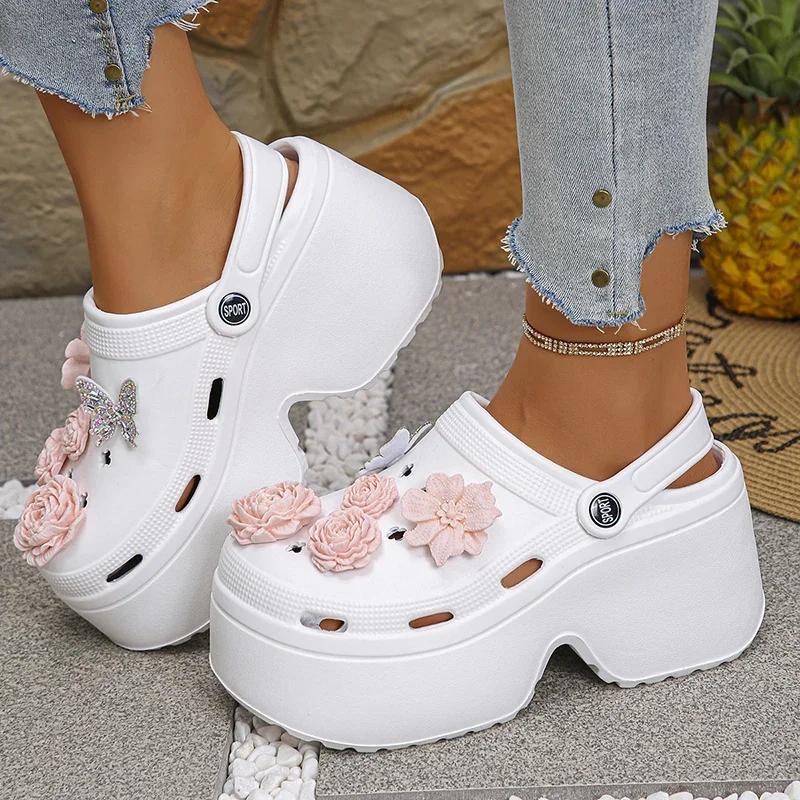 Fashion Chunky Platform Big Flower Clogs for Women Summer 2025 High Heels Soft Eva Sandals Woman Fashion Crystals Butterfly Wedges Shoes