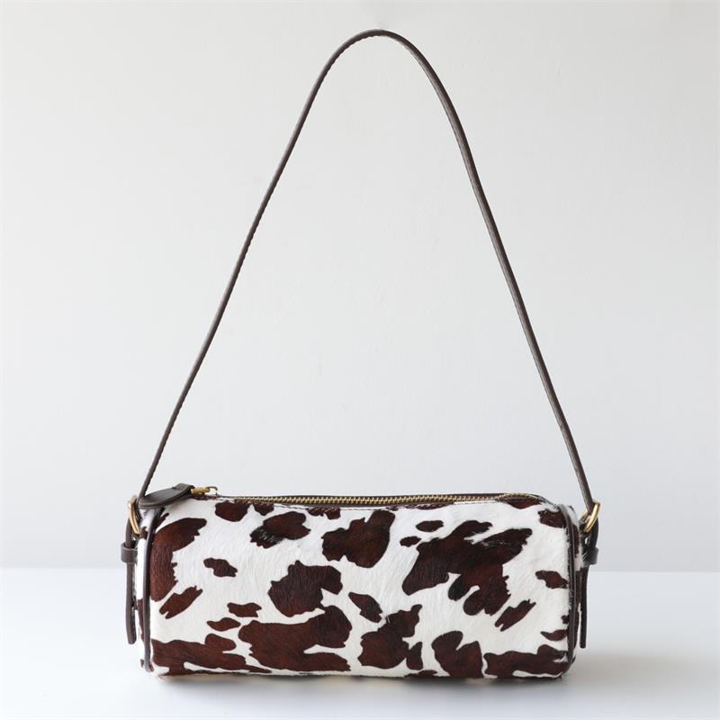 

Retro Cow Pattern Cylindrical Bag Women Trend Horsehair Handbag Commute Shoulder Bag High-quality Hardware Zipper Crossbody Bag