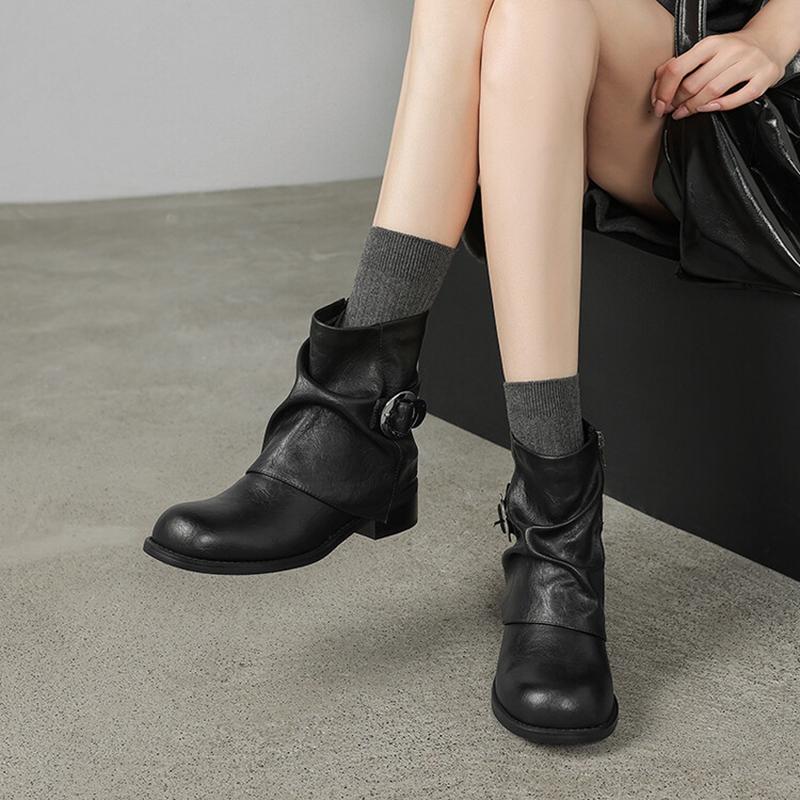 Fashion NEW Autumn Women Boots Split Leather Shoes for Women Round Toe Chunky Heel Shoes Zipper Short Pants Boots Buckle Modern Boots