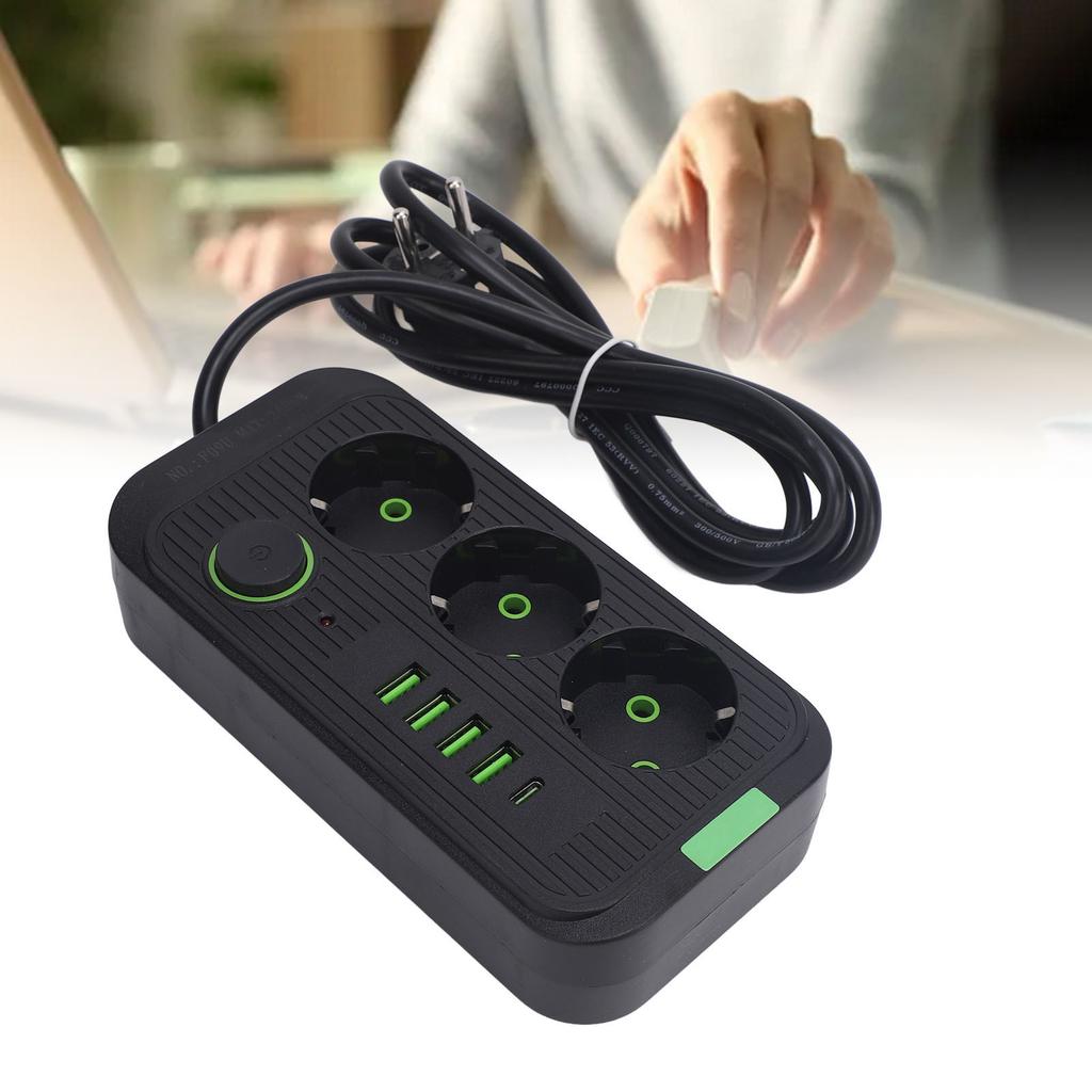 Europäische Steckdosenleiste 3 Steckdosen 4 USB 1 Typ-C-Anschluss Wandmontierbarer Stromverteiler mit 2m Kabel