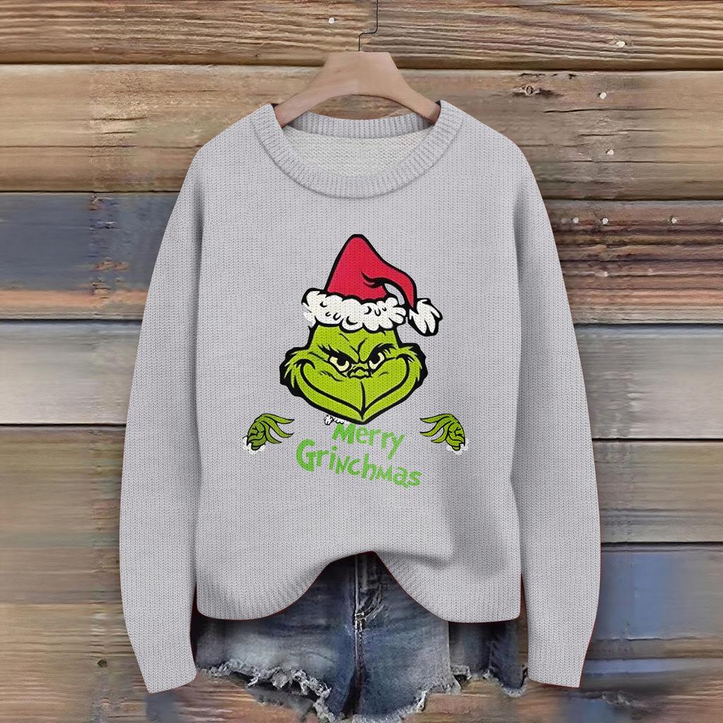 Women's Christmas Print Cardigan Long Sleeve Round Neck Knit Top