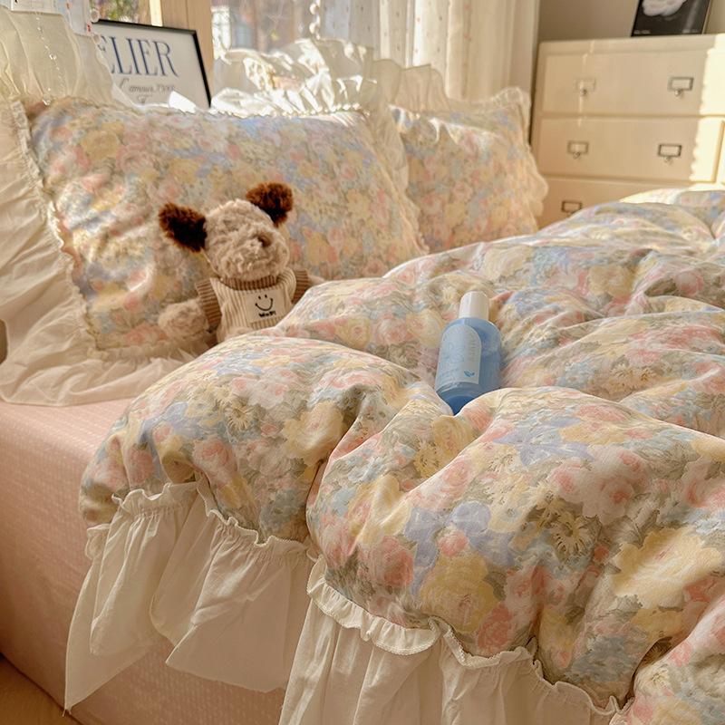 French Lace Bed Four-piece Set Pure Cotton Skin-friendly Comfortable Breathable Washed Bed Sheet Quilt Cover Pillowcase