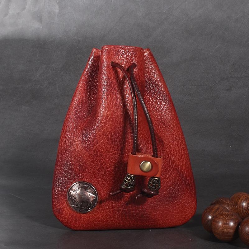 Vintage Cowhide Coin & Key Pouch - Waist Bag with Drawstring Storage