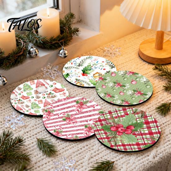 Rutschfeste Holzmatten 4/6 Stück Weihnachts-Tier-Untersetzer, Festliche Karomuster-Blumen-Runde Getränkebecher-Untersetzer Matten, Tischdekorationen für Zuhause Büro