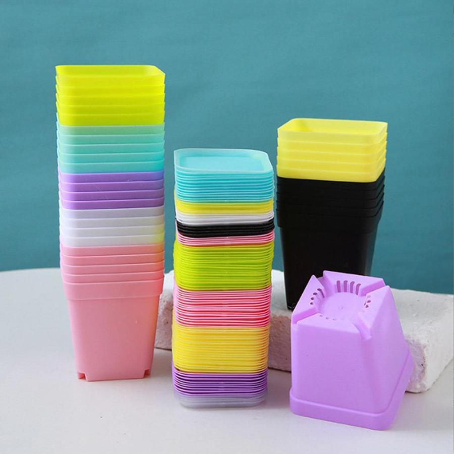 10pcs 7x7cm Plastic Square Flower Pot with Cover Garden Balcony Office Desktop Flower Pot Plant Growing Container