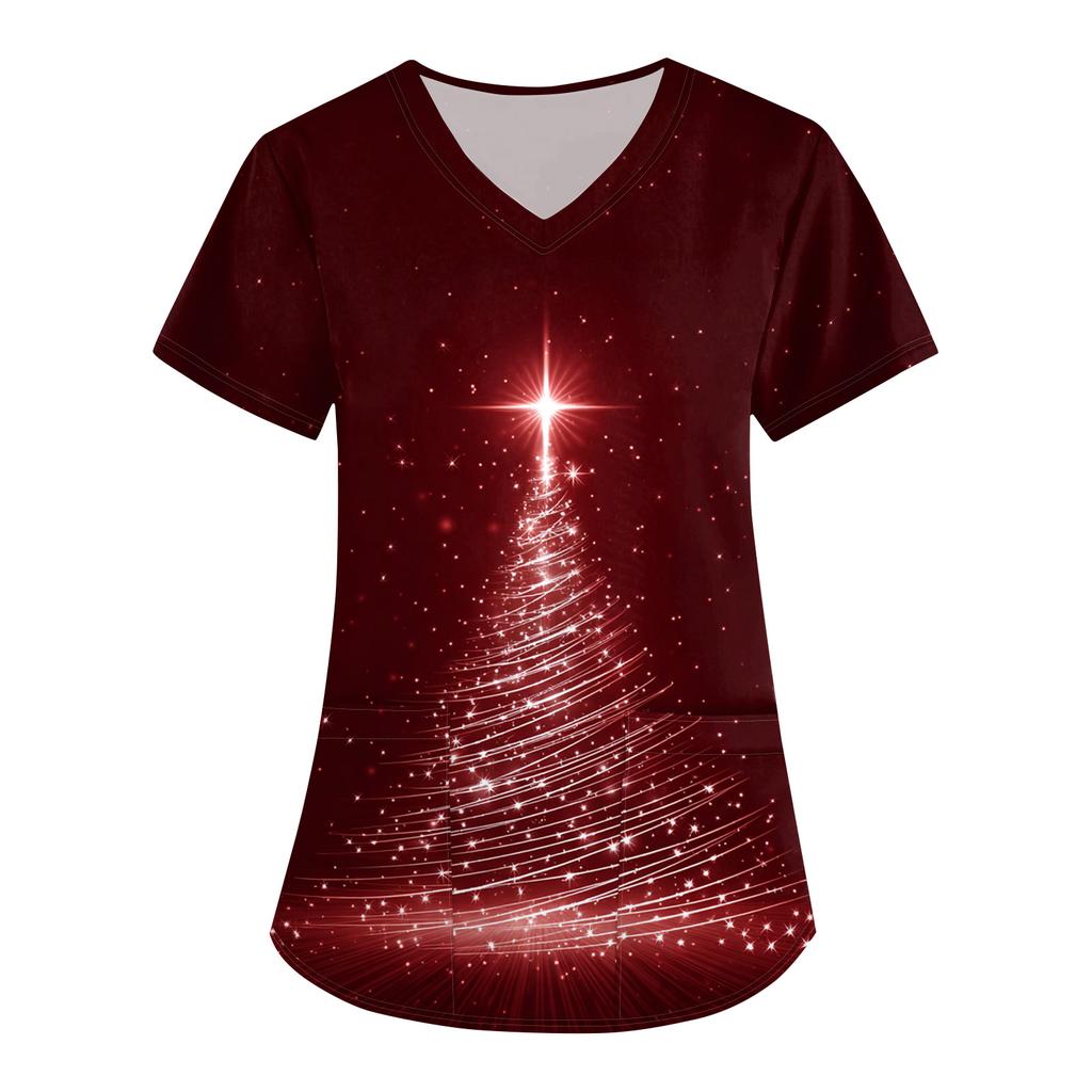 Women's Christmas Print Loose V-Neck Pocket Short-Sleeved Uniform