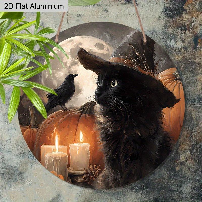 2D Flat Aluminium Halloween Sign with Black Cat Pattern - Halloween Figurine Ornaments - Ideal for Front Door, Wall, Porch, Window Decor - Ideal