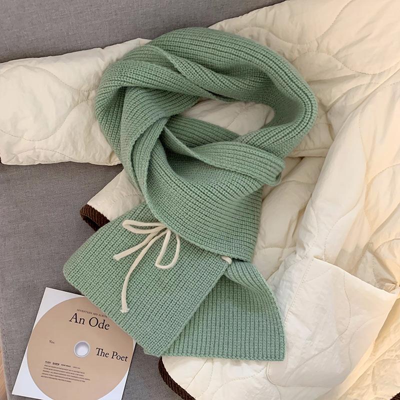 Korean Style Red Bow Woolen Scarf for Women in Autumn and Winter Thickened Warm Neck Protection Knitted Shawl Scarf Winter