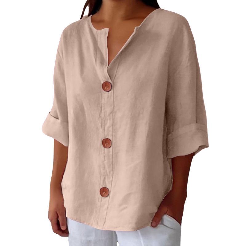 Damen V-Ausschnitt Knopfleiste Locker T-Shirt Frühling/Sommer 2026 - Europäischer und Amerikanischer Stil.
