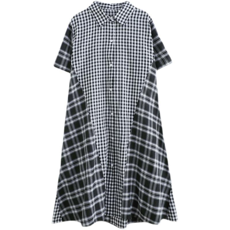 Summer Loose Plus Size Patchwork Medium Long Checkered Shirt Skirt for Women Dresses