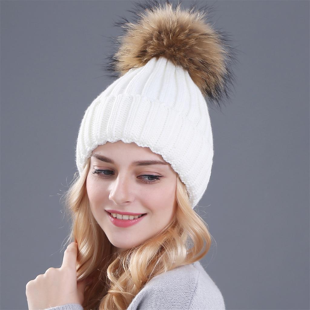 Xthree Berretto Invernale in Maglia con Pompon in Vera Pelliccia per Donna Cappello Berretti Cappellini Nuovissimo Spesso Cappello Femminile Cappellini Berretti