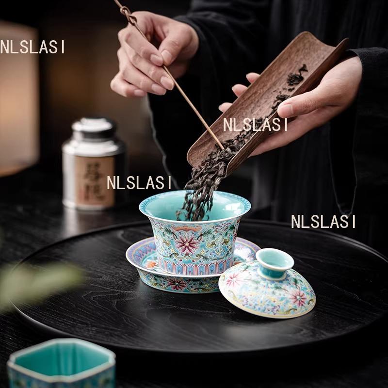 120ml Enamel Ceramic Lid Bowl Chinese Style Tea Bowl with Lid Household Large Capacity Tea Cup Kung Fu Tea Set Drinking Utensils
