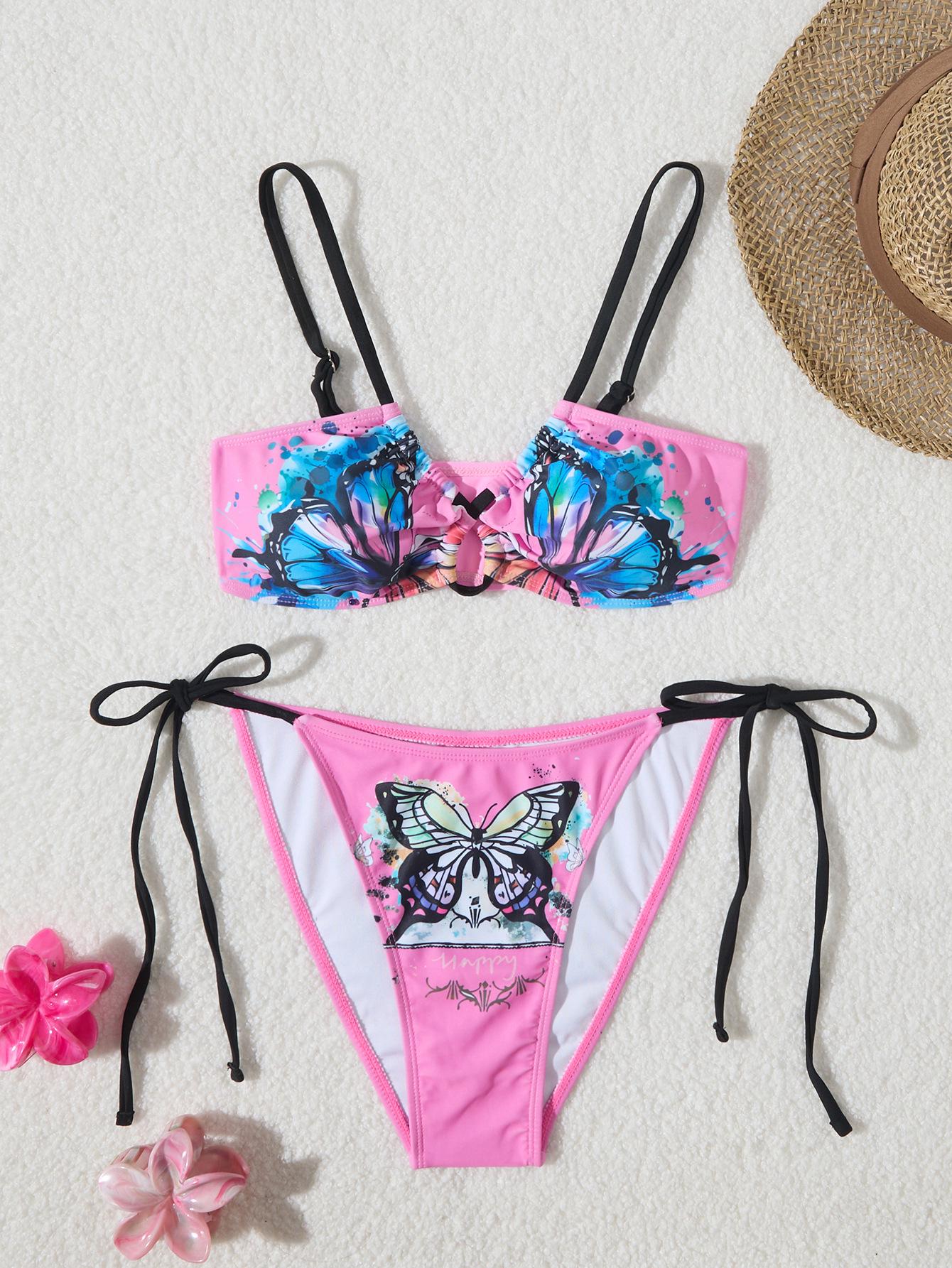 

Ретро купальник бодикон на шнуровке с принтом бабочек для женщин 2025 L розовый