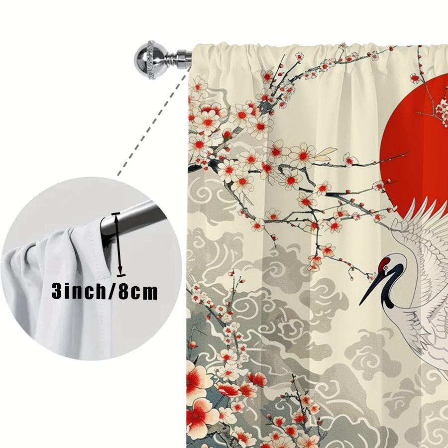 2 Stück Digitaldruck-Vorhänge, Japanischer Kranich Rote Sonne Pflaumenblüte auf Creme, Orientalische Kunst für Wohnzimmer Schlafzimmer Dekoration