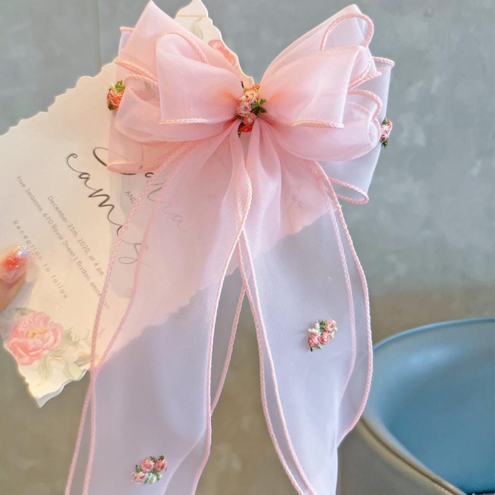 Fashion Embroidered Floreal Braided Hairpin Solid Color Bowknot Ponytail Headdress Chiffon Big Ponytail Clip Women