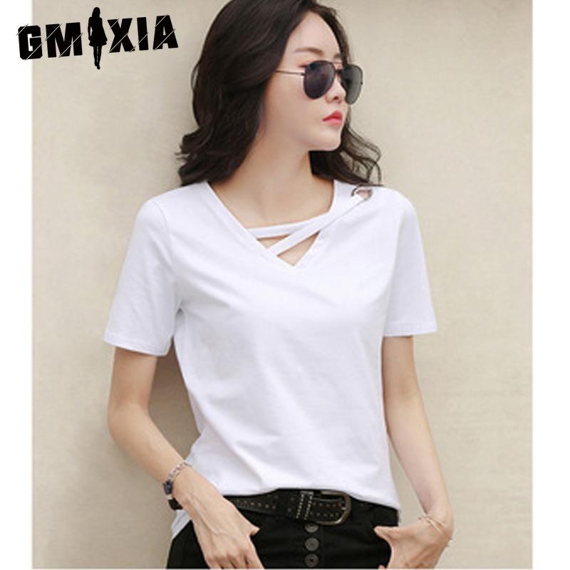 GMXIA Women's Fashion Casual Solid Color Print Short Sleeve V Neck Blouses & Shirts