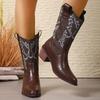 Women's Western Style Mid-Calf Boots Brown Retro Embroidered PU Leather Boots Woman Pointed Toe Chunky Heel Cowboy Botas Mujer