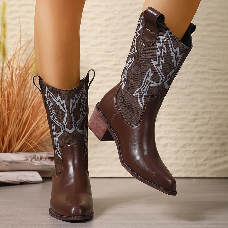 Women's Western Style Mid-Calf Boots Brown Retro Embroidered PU Leather Boots Woman Pointed Toe Chunky Heel Cowboy Botas Mujer