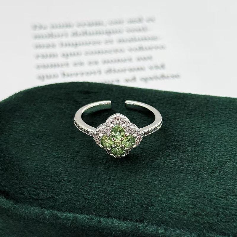 Green~ Lucky Grass Olive Green Four-Leaf Clover Zir*****Pen Ring Super Flash Light Luxury Stacked Ring