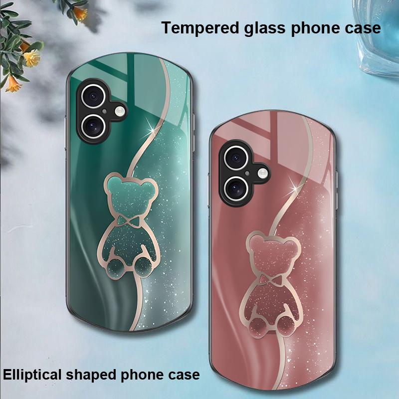 Trompe L'oeil Bear For Apple IPhone 16 11 13 15 14 Pro Max 12 Mini 7 8 Plus XR X XS Elliptical Shaped Tempered Glass Phone Case